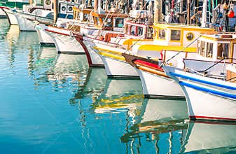 Colorful sailing boats at Fishermans Wharf of San Francisco Bay
