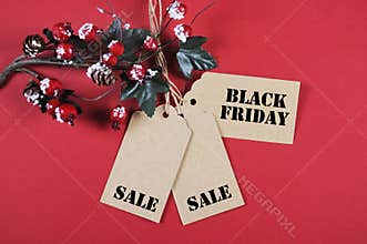 Black Friday sale tags with Christmas decorations