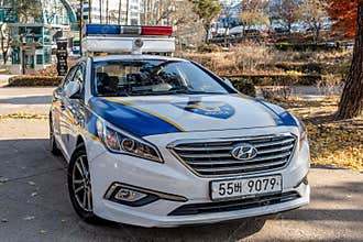 Hyundai branded police car parked at the entrance to the Police (Gygeongchal) Station