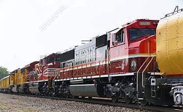 Pottstown, Pennsylvania, U.S.A - Jul 2, 2026 - A red Union Pacific locomotive 1616 honoring Abraham Lincoln leading patriotic