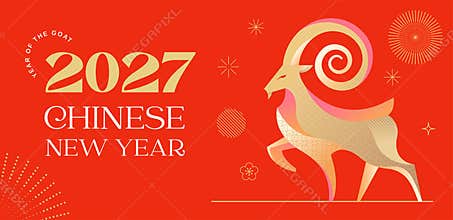 Chinese New Year 2027 banner, poster and greeting card template. Year of the Goat modern red and gold vector background