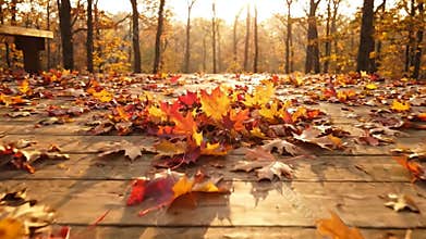 Crisp autumn leaves blown across wooden deck floor outdoors for autumn season, windy weather, and nature concept