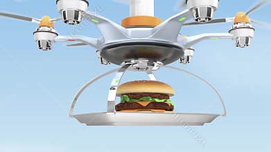 Drone carrying hamburger for fast food delivery concept