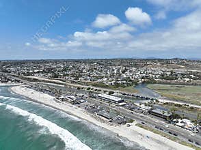 Aerial view of Cardiff by the Sea, beach community in the incorporated city of Encinitas in San Diego County, California