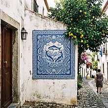 Blue Portuguese Azulejo Tile Mural of Fish on Rustic Wall in Coastal Village Alley