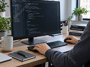 Software developer working on React app code on desktop computer in modern workspace with books and plants