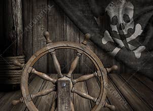 Pirates ship steering wheel with old jolly roger