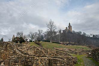 VELIKO TARNOVO, BULGARIA - MARCH 15, 2022: Medieval stone fortress ruins and cathedral at Tsarevets Reserve