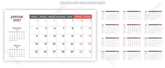 German calendar 2027 for Germany, elegant monthly planner