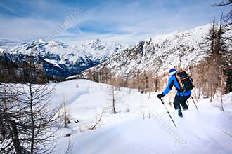 Winter sport: man skiing in powder snow.