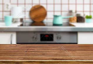 Wood texture table on kitchen stove bench background