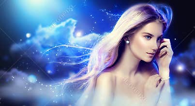 Beauty fantasy girl over night sky