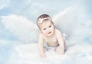 Baby Angel with Wings, Newborn Kid at Blue Sky Cloud