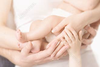 Family Hands and Baby New Born Foot, Mother Father Arms, Children Body Embrace Newborn Kid Feet