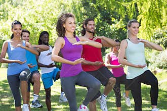 Fitness group doing tai chi in park