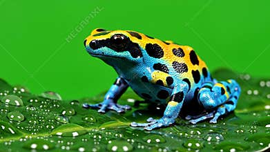 Vibrant Poison Dart Frog Close-Up on Leaf with Water Droplets Against Bright Green Background