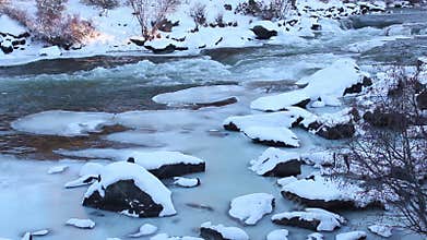 Aqua Snowy Glacier River Near Sunset