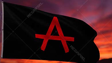 Anarchy symbol A on black flag waving gracefully against a vibrant red and orange sunset sky 3D digital animation