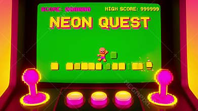 Retro Neon Quest Arcade Game Screen with Joysticks and Buttons
