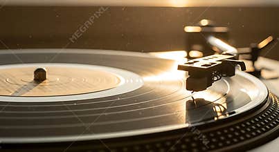The needle on a vinyl record player reads the grooves as the record spins