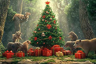 Magic of Christmas in a forest surrounded by joyful animals and gifts