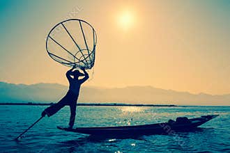 Burmese fisherman at Inle lake, Myanmar