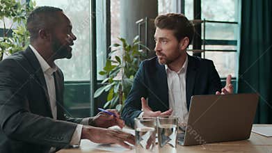 Two diversity business men team Caucasian man banker salesman agent bank manager trader consulting African American male