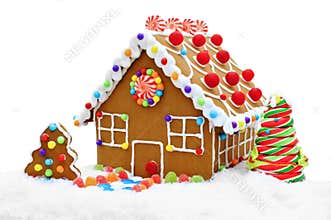 Gingerbread house in snow