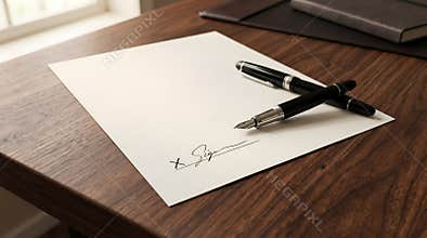 Two elegant fountain pens rest upon a blank document with a handwritten signature mark symbolizing agreement or important legal
