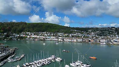 Dartmouth, River Dart, South Devon, England: DRONE VIEWS: A reveal shot of the port town of Dartmouth
