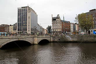 People crossing over the bridge,River Liffey, Downtown,Dublin,Ireland,Fall,2014