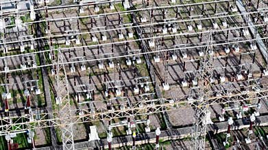 Aerial view of a large electrical substation