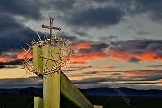 Cross od Nails and Crown of Thorns on Fence Post
