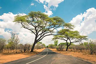 African landscape with empty road and trees in Zimbabwe