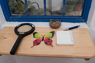 Nature Study Setup with Magnifying Glass and Butterfly Model