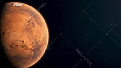 Realistic Mars from Orbit showing Red Textured Deserts and Ice Caps