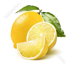 Whole lemon, half and quarter slice isolated on white