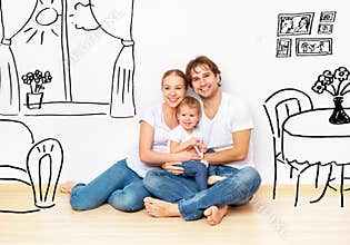 Concept : happy young family in new apartment dream and plan interior