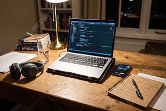 A student studies and codes at a wooden desk in a well-lit room during evening hours. A laptop displays coding work while books