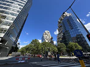 Close Up Upward View of Modern Skyscrapers in Amsterdam Zuidas Business and