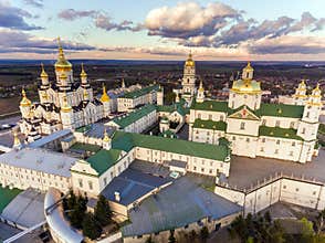 Aerial view of Pochaev Monastery, Orthodox Church, Pochayiv Lavra, Ukraine.