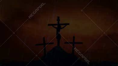 Jesus on the Cross Under a Lightning Storm and Rain
