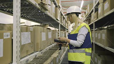 Femalr warehouse worker checking cargo on shelves