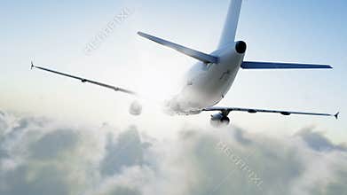 Passenger airbus a321 flying in the clouds. Travel concept. Realistic 4K animation.