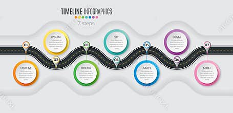 Navigation map infographic 7 steps timeline concept. Winding roa