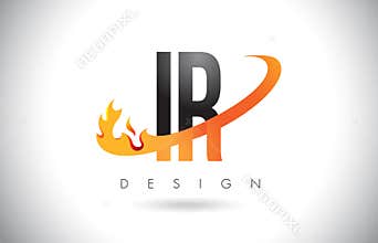 IR I R Letter Logo with Fire Flames Design and Orange Swoosh.