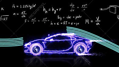 Animation aerodynamics theory and physics mathematical formula equation with car model with doodle