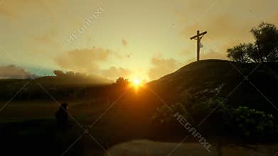 Woman praying at Jesus cross against beautiful sunrise, panning