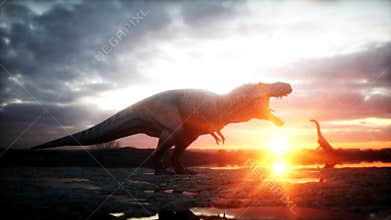 Dinosaur. Prehistoric period, rocky landscape. Wonderfull sunrise. 3d rendering.