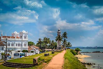 White Lighthouse on the shore in Galle Sri Lanka